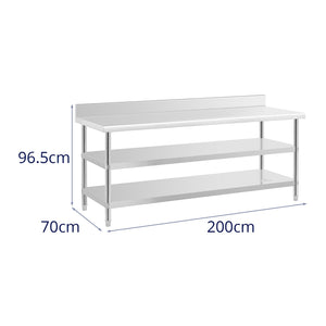 Tavolo da lavoro in acciaio inox con alzatina - 200 x 70 x 16,5 cm - 235 kg - 2 ripiani 14_0007311