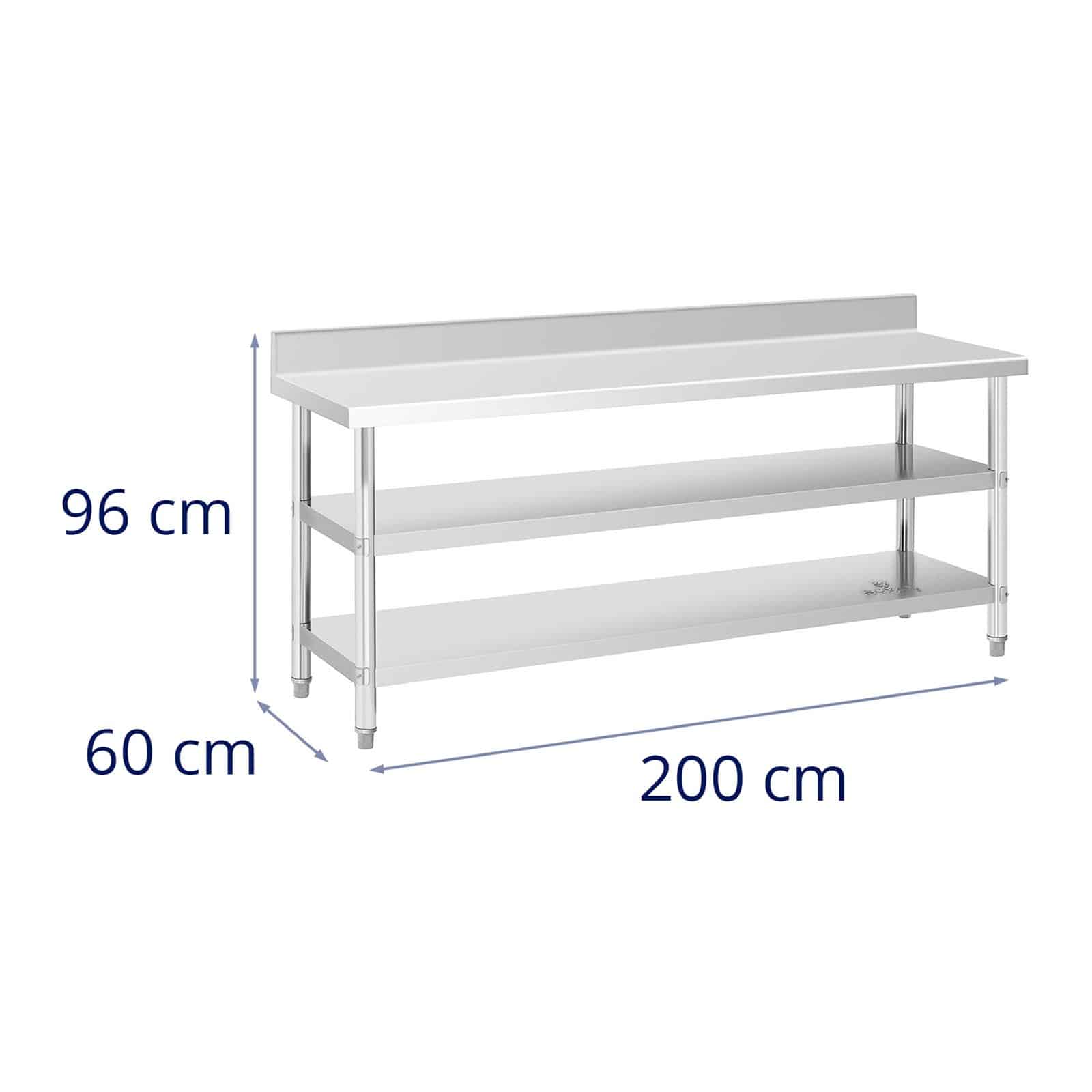 Tavolo da lavoro in acciaio inox Tavolo da lavoro in acciaio inox addossato con alzatina 200 x 60 x 16,5 cm 235 kg 2 ripiani 14_0007313