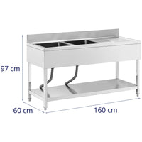 Lavello professionale in acciaio inox 2 vasche 160 x 60 x 97 cm acciaio inox argento 14_0009565