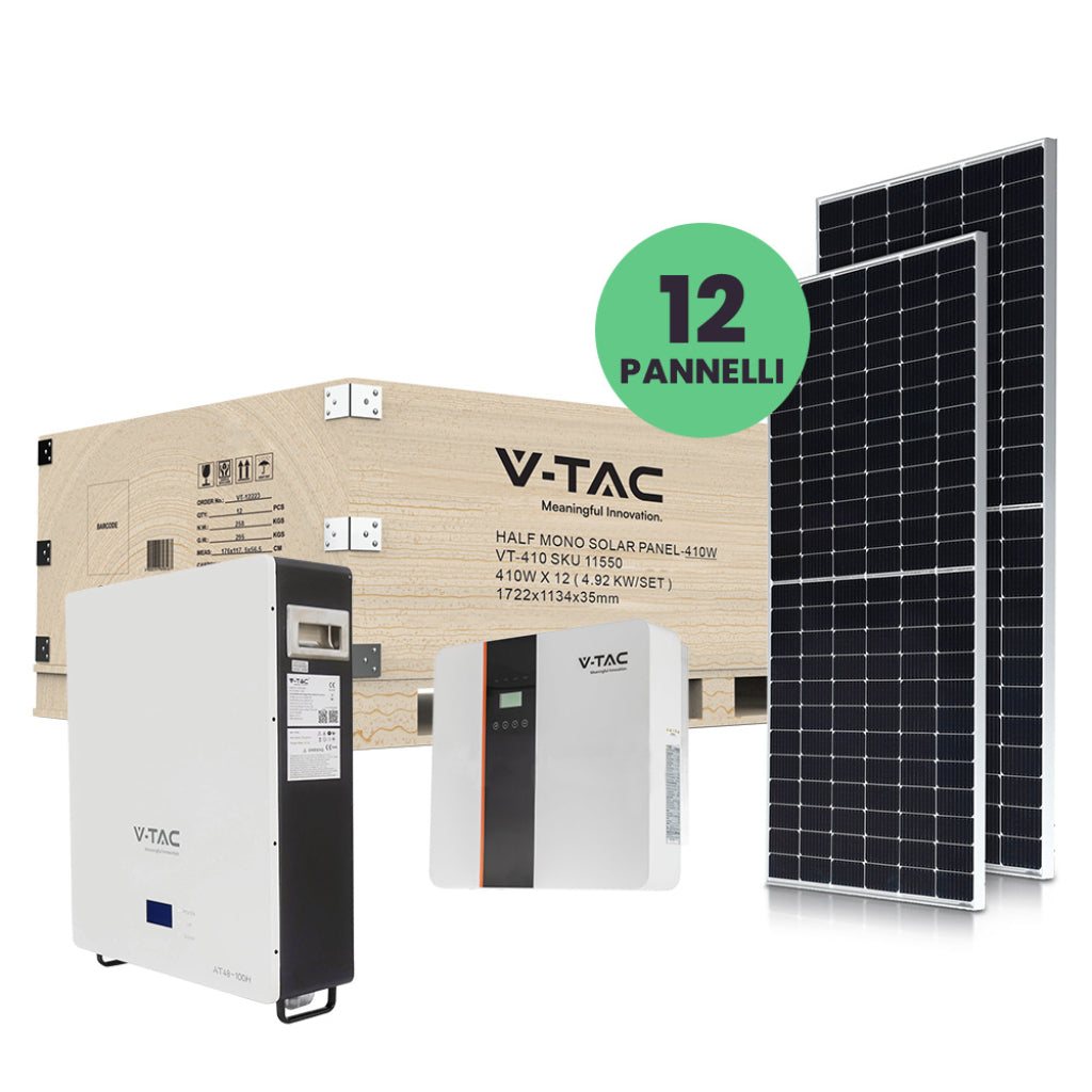 Kit fotovoltaico 5kw con batteria di accumulo lifepo4 5 kwh e inverter monofase ibrido con accessori inclusi e 12 pannelli solari fotovoltaici monocristallini 410w