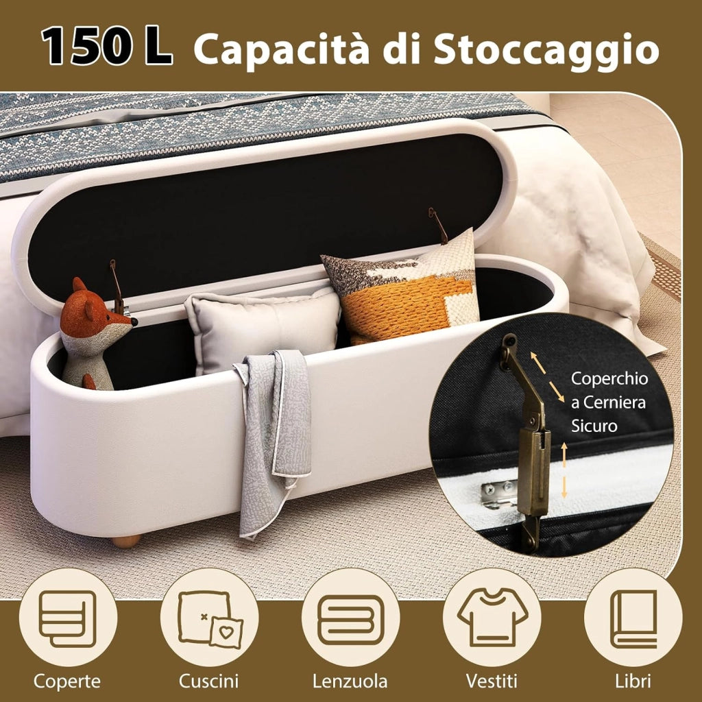 Panca Contenitore, Poggiapiedi Imbottito 139 cm con Coperchio Ribaltabile, Gambe in Legno, Panca Ottomana per Camera da Letto, Soggiorno, Portata 300 kg, Beige