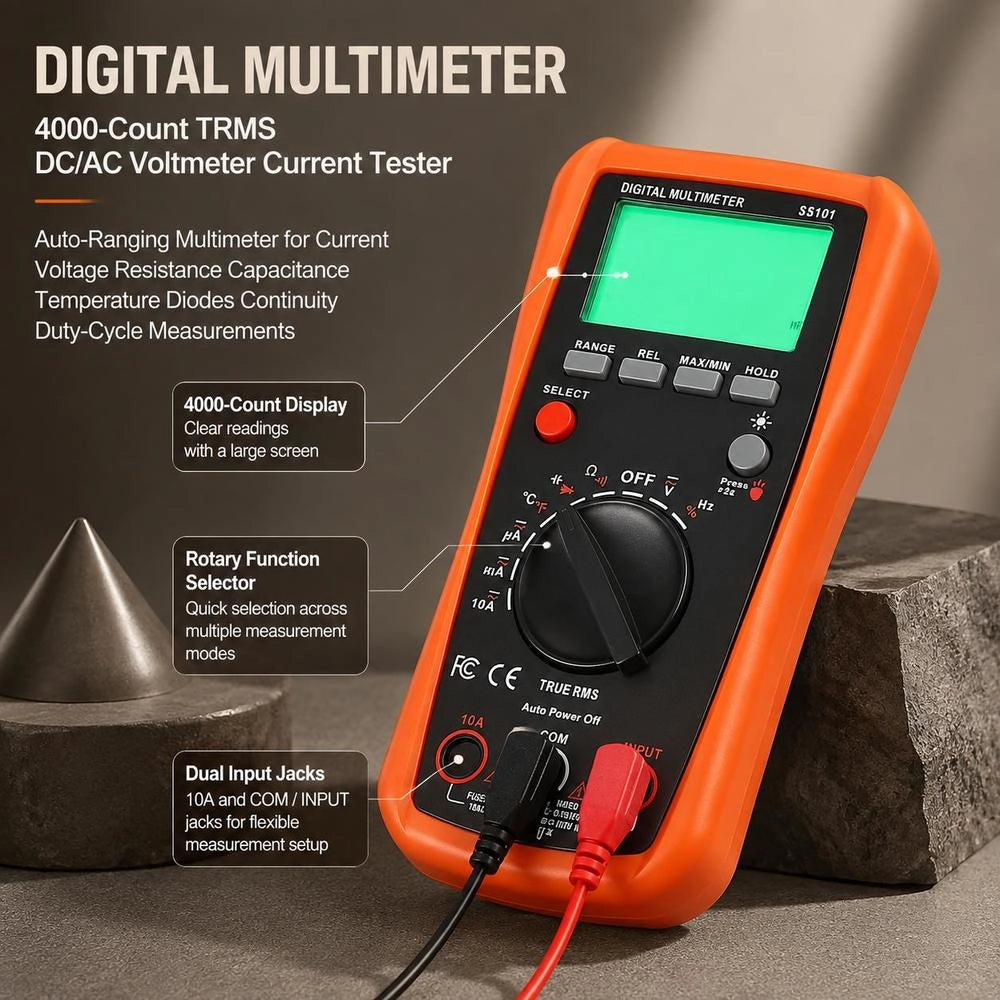 Digital Multimeter, 4000-count TRMS DC/AC Voltmeter Current Tester, Auto-ranging Multimeter For Current, Voltage, Resistance, Capacitance, Temperature, Diodes, Continuity, Duty Cycle