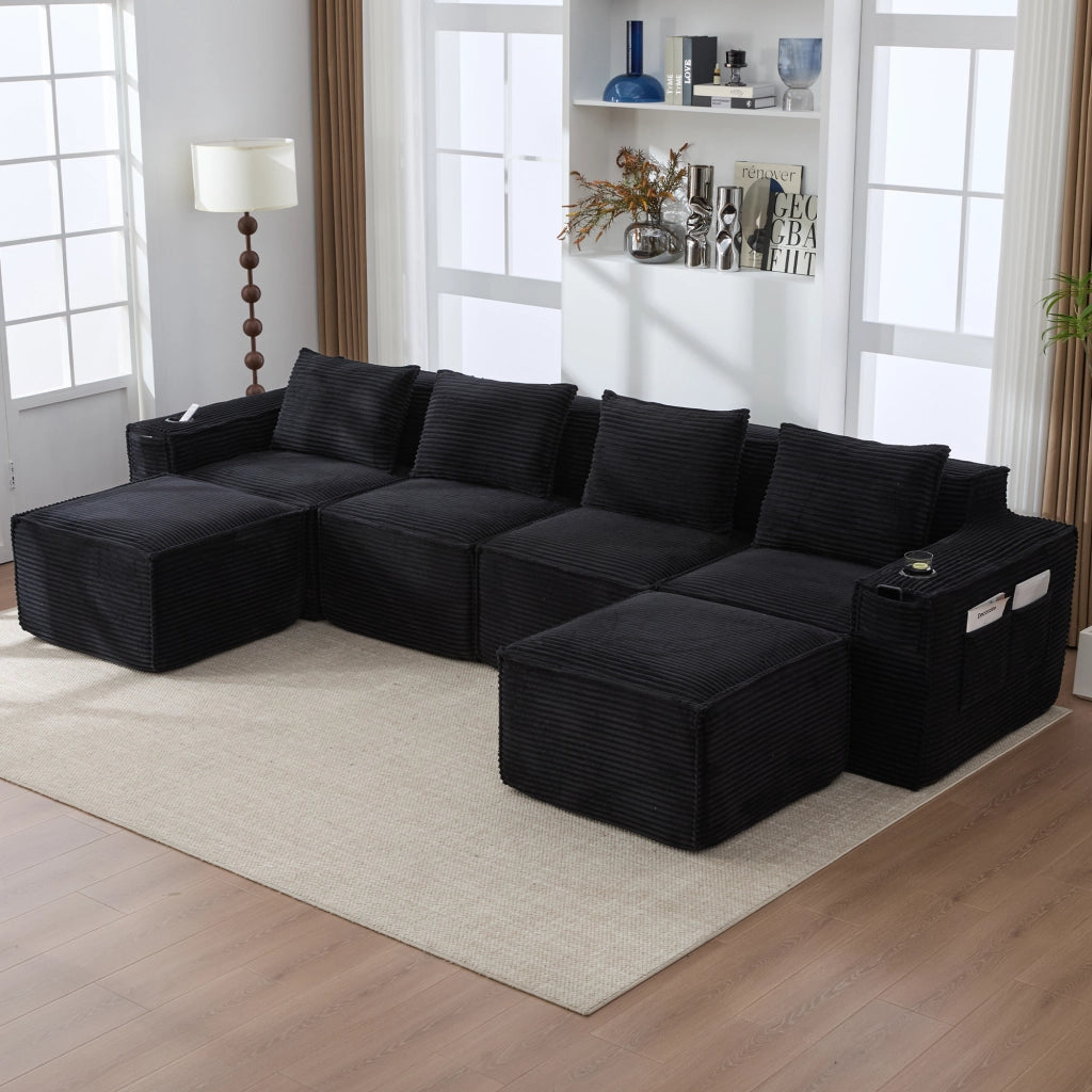 Divano modulare a 4 posti in tessuto a coste con 2 pouf, portabicchieri e tasche laterali, nero 330 × 162 × 75 cm