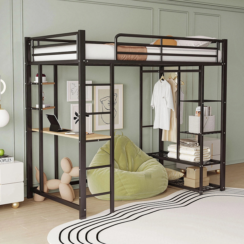 Letto a Castello Bambini – Xylo – 90x200cm Nero, con Scala, Tavolo Sospeso, Scomparti Ripostiglio