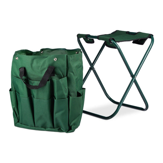 Sgabello porta attrezzi da giardinaggio 16 tasche e scomparto interno ribaltabile verde 13_0002810