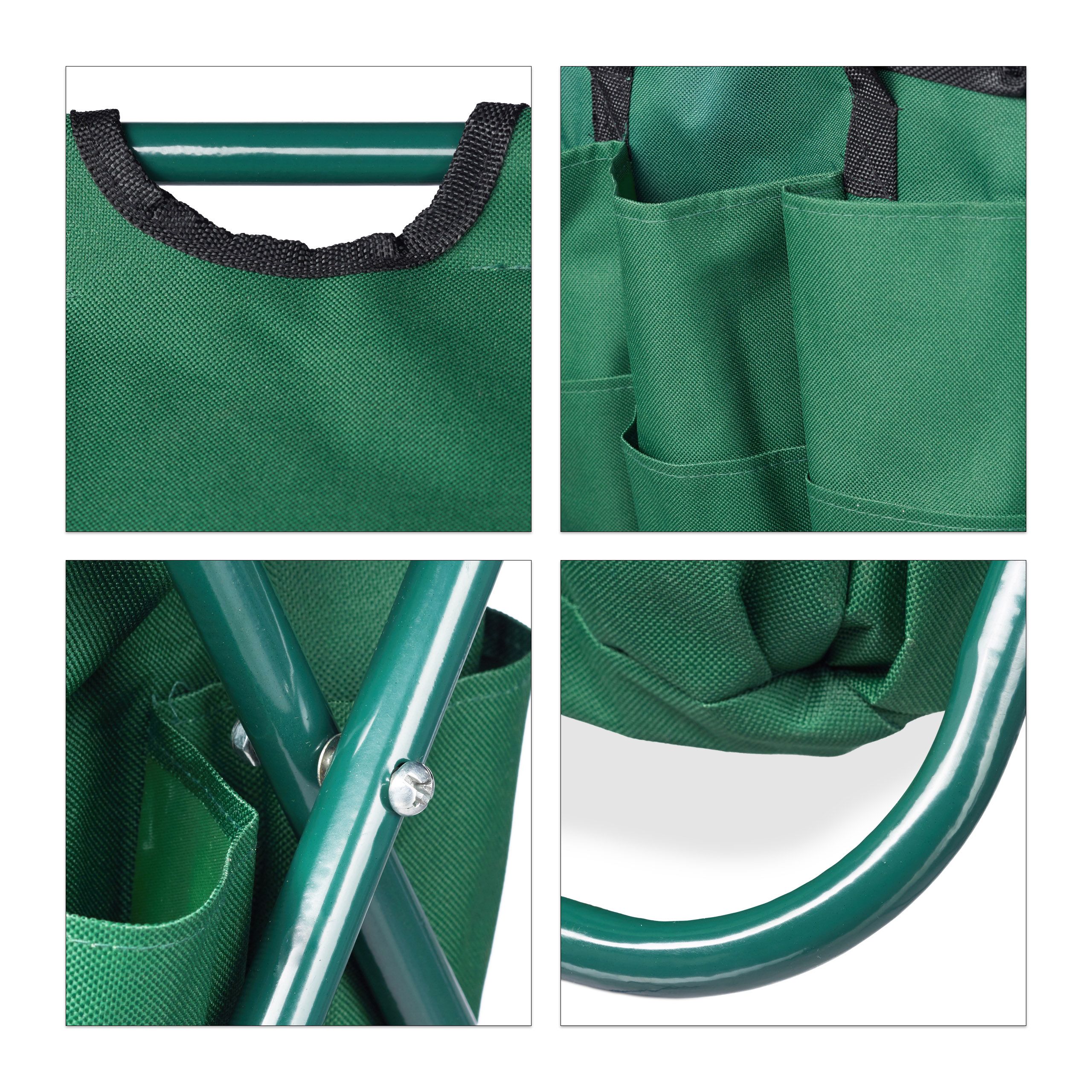 Sgabello porta attrezzi da giardinaggio 16 tasche e scomparto interno ribaltabile verde 13_0002810