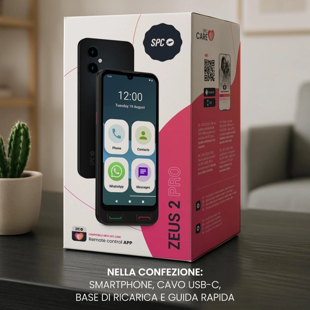 Zeus 2 Pro - Smartphone per anziani compatibile con app gestione e localizzazione remota | Modalità facile, pulsanti fisici, icone grandi | 6,1", Dual Cam, 128GB | Base di ricarica, pulsante SOS