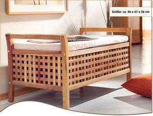 Panca in legno di noce con cuscini e spazio contenitore.