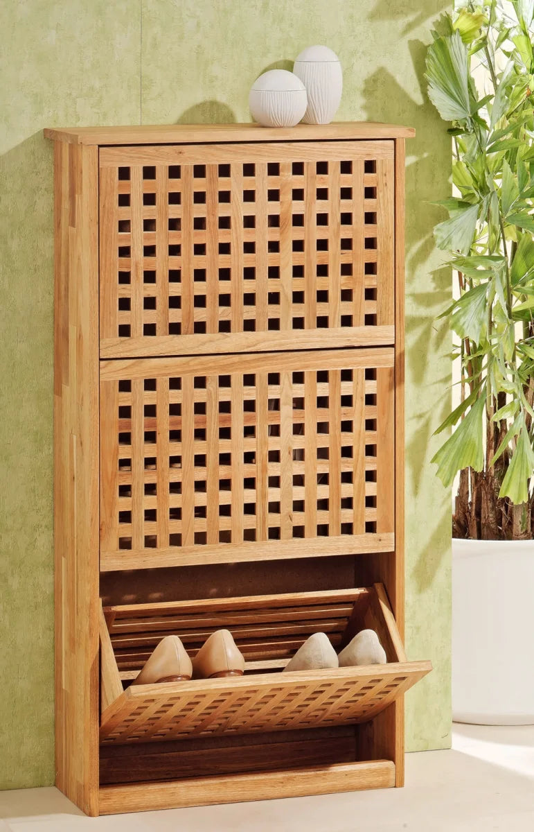 Scarpiera, 3 ante, design a traliccio, legno di noce