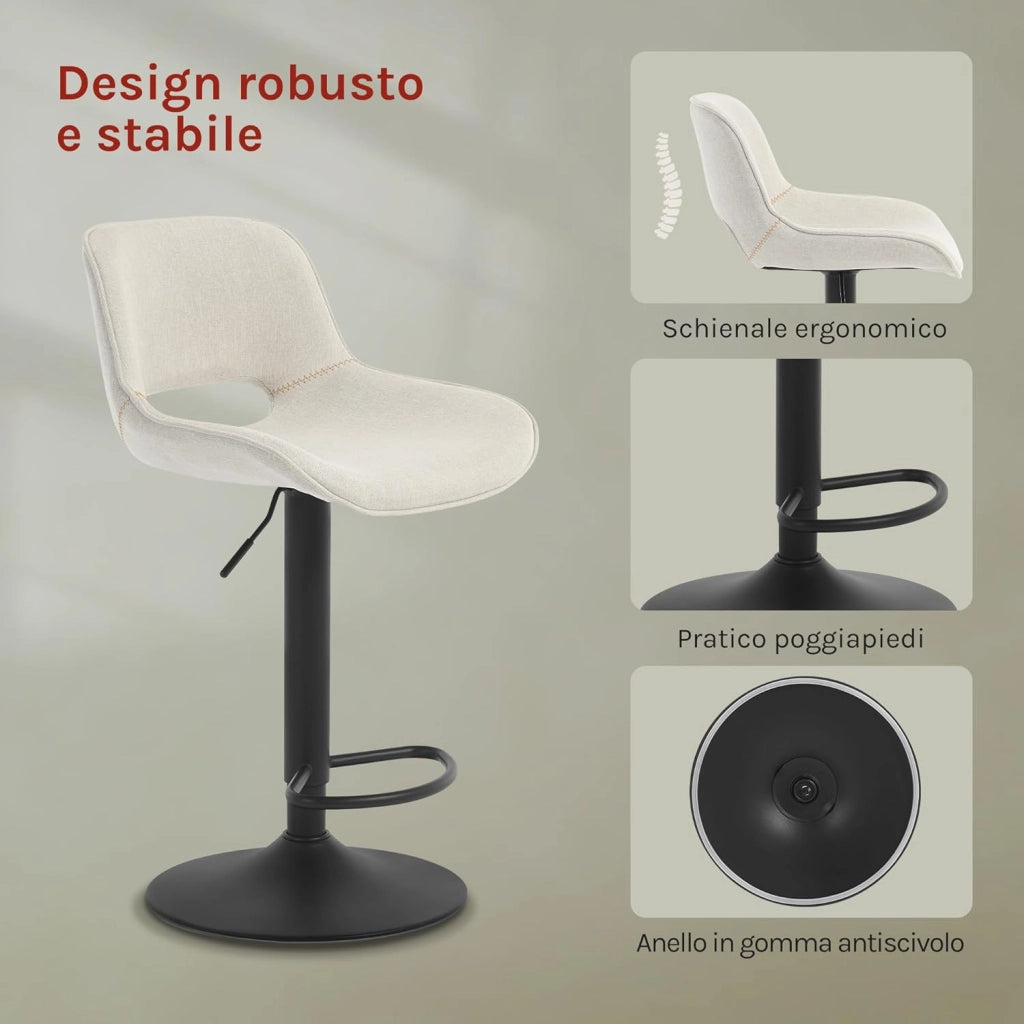 Set di 2 Sgabelli da Cucina, Sedia da Bar in Lino, Sgabello Regolabile in Altezza, con Schienale, Seduta Imbottita Girevole a 360°, per Bistrot, Pub, Base in Metallo, Beige, BH438be-2