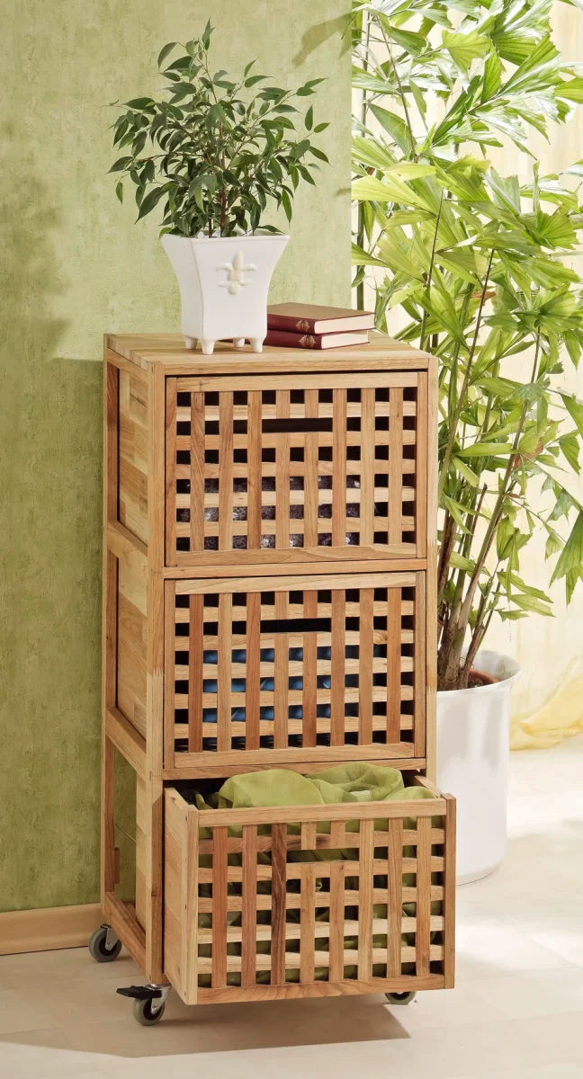 Contenitore a rotelle, 3 scatole, design a griglia, legno di noce