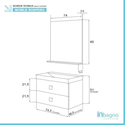 Mobile bagno sospeso 75x51 cm rovere chiaro con due cassetti completo di lavabo specchio e mensola Bravo