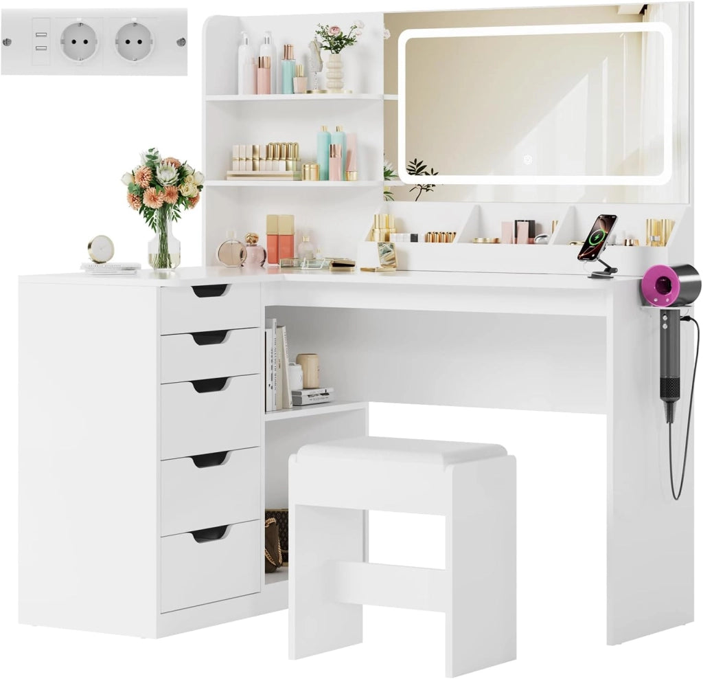 Toeletta Trucco con Luci,Postazione Trucco con Sgabello,Tavolo da Trucco con Specchio,Tavolo ad Angolo con Presa Elettrica, 5 Cassetti, Ripiani Aperti,Moderno per la Camera (Bianco)