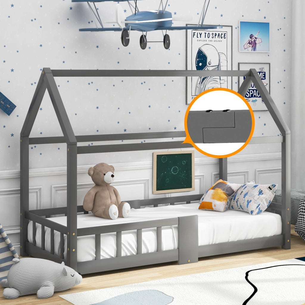 Letto a casetta per bambini 90x200 cm grigio con lavagna