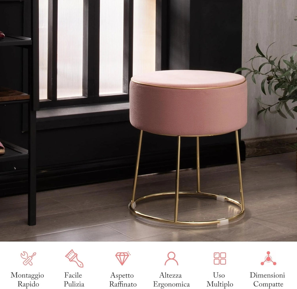 Pouf Rotondo Poggiapiedi 41cm, Sgabello Moderno da Trucco con Base in Metallo, Sedile Imbottito Spesso e Piedini Antiscivolo per Toeletta, Comodino e Divano (Rosa)