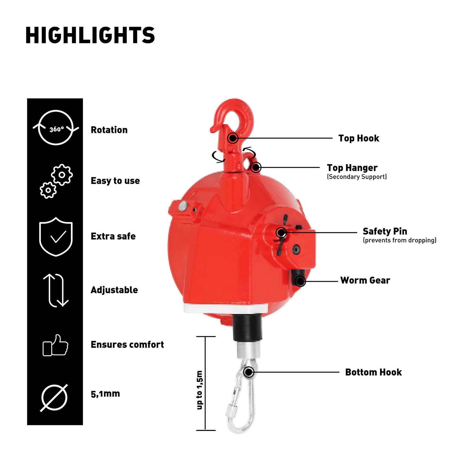 Avvolgitore per bilanciamento del carico con molla di compensazione con arresto 15 - 22 kg 1,5 m (15 - 22 kg, lunghezza cavo: 1,5 m, diametro cavo: 5,1 mm) 14_0006791