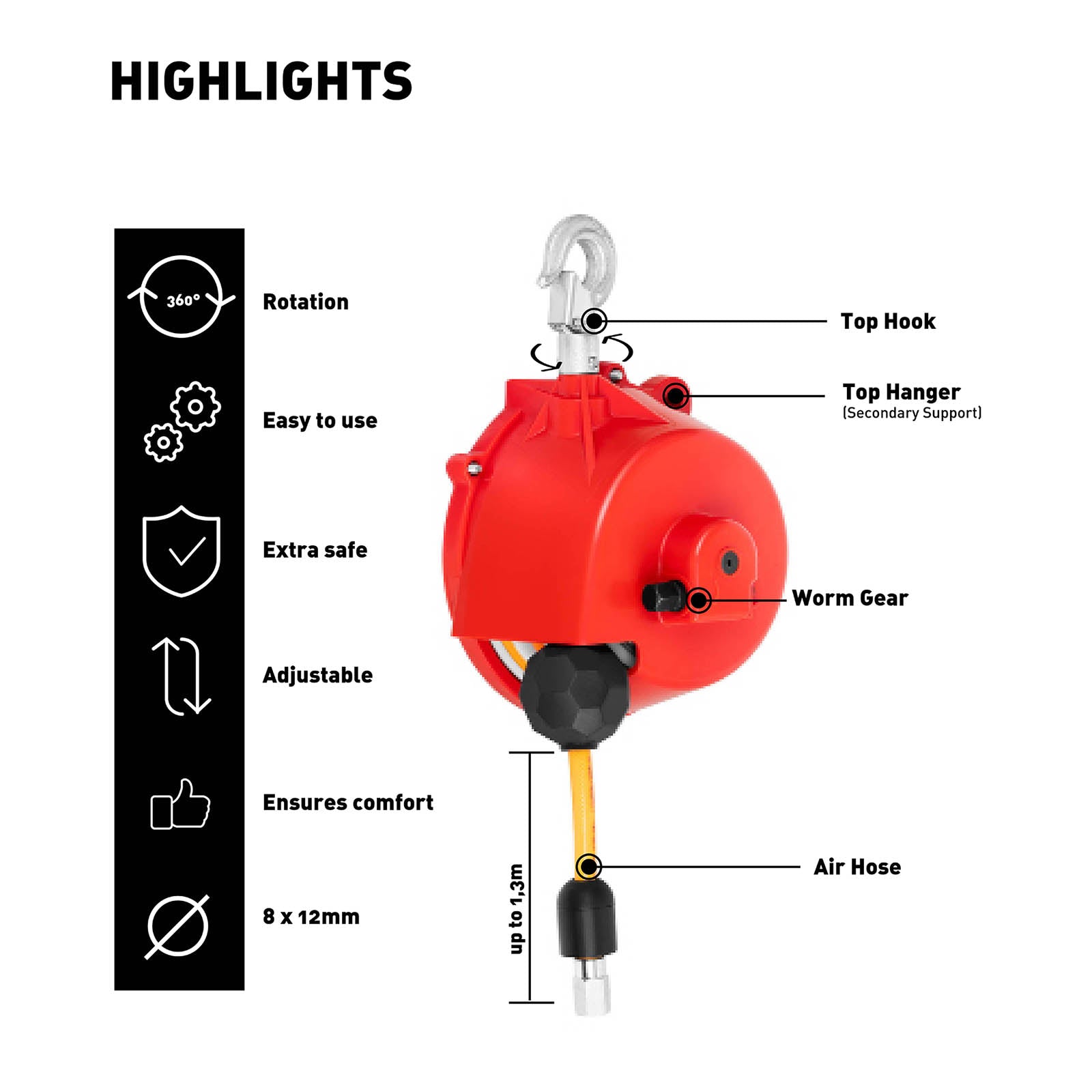 Avvolgitore di bilanciamento del carico pneumatico con compensatore a molla ad aria compressa (0,5 - 1,5 kg, lunghezza tubo: 1,3 m, dimensioni tubo: 8 x 12 mm) 14_0006797