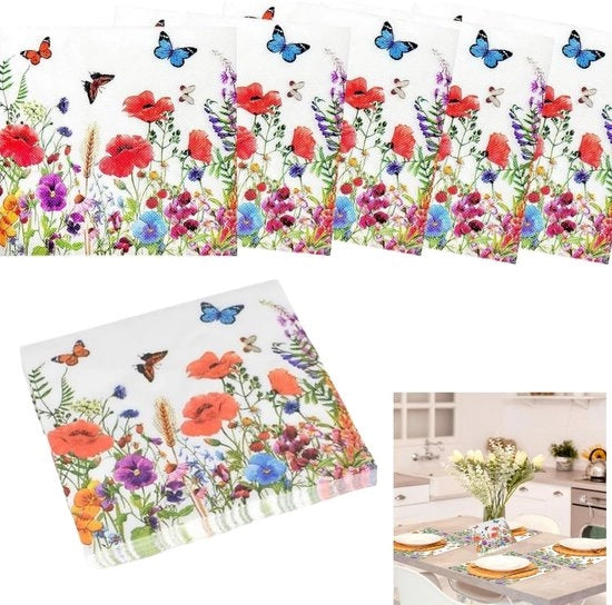Serviette in Papier 20 Stuks - Dimensioni 33 x 33 cm - Motivi Colorati - Fiori/Farfalle - Serviette per Festa - Ideali per Compleanni/Barbecue