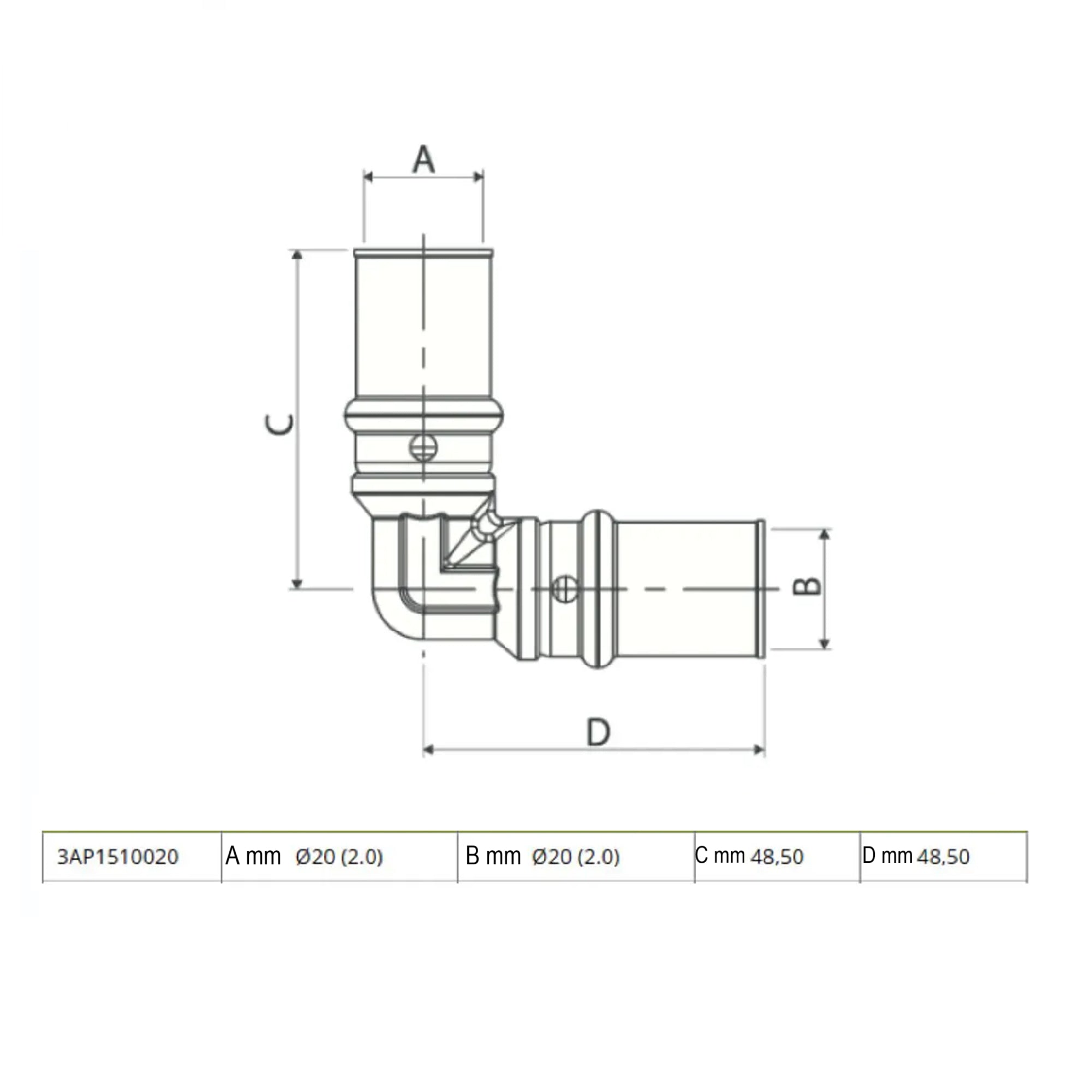 Raccordo a pressare curvo D.20x20 3AP1510020 per multistrato