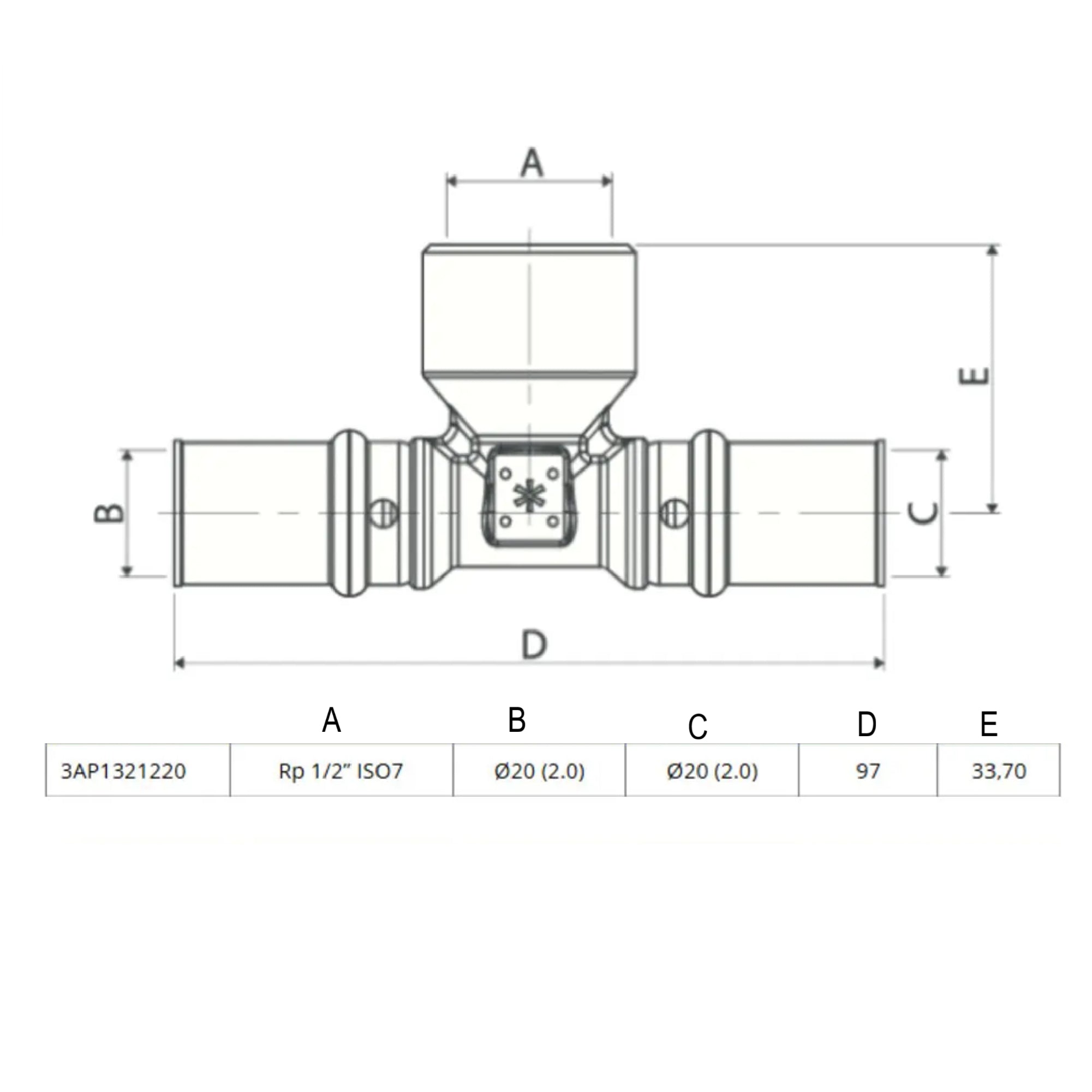 Raccordo TEE a pressare per multistrato F D 20x1/2x20 3AP1321220  APE T
