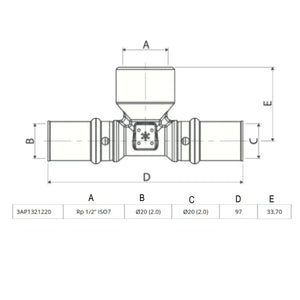 Raccordo TEE a pressare per multistrato F D 20x1/2x20 3AP1321220  APE T