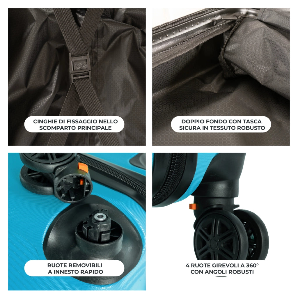 Trolley Bagaglio Mano Rigido 54x33x22 Piccolo Ultraleggero Valigia In Abs Con 4 Ruote Rimovibili Manico Chiusura Di Sicurezza Per Compagnie Low Cost Economy Zaino Da Viaggio Turchese