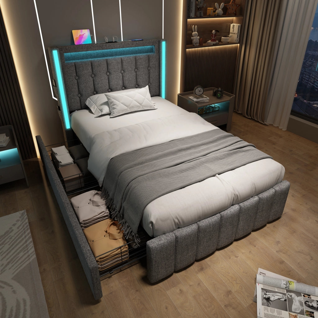 Letto singolo – 90x200 cm – USBC LED 2 cassetti – legno grigio