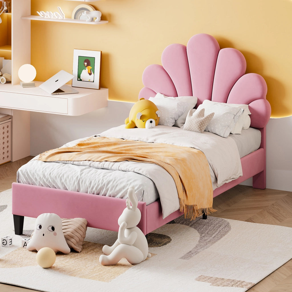 Letto Singolo 90×200 cm; 1 Posto con Testiera a Fiore; senza Materasso; Imbottito; Rosa