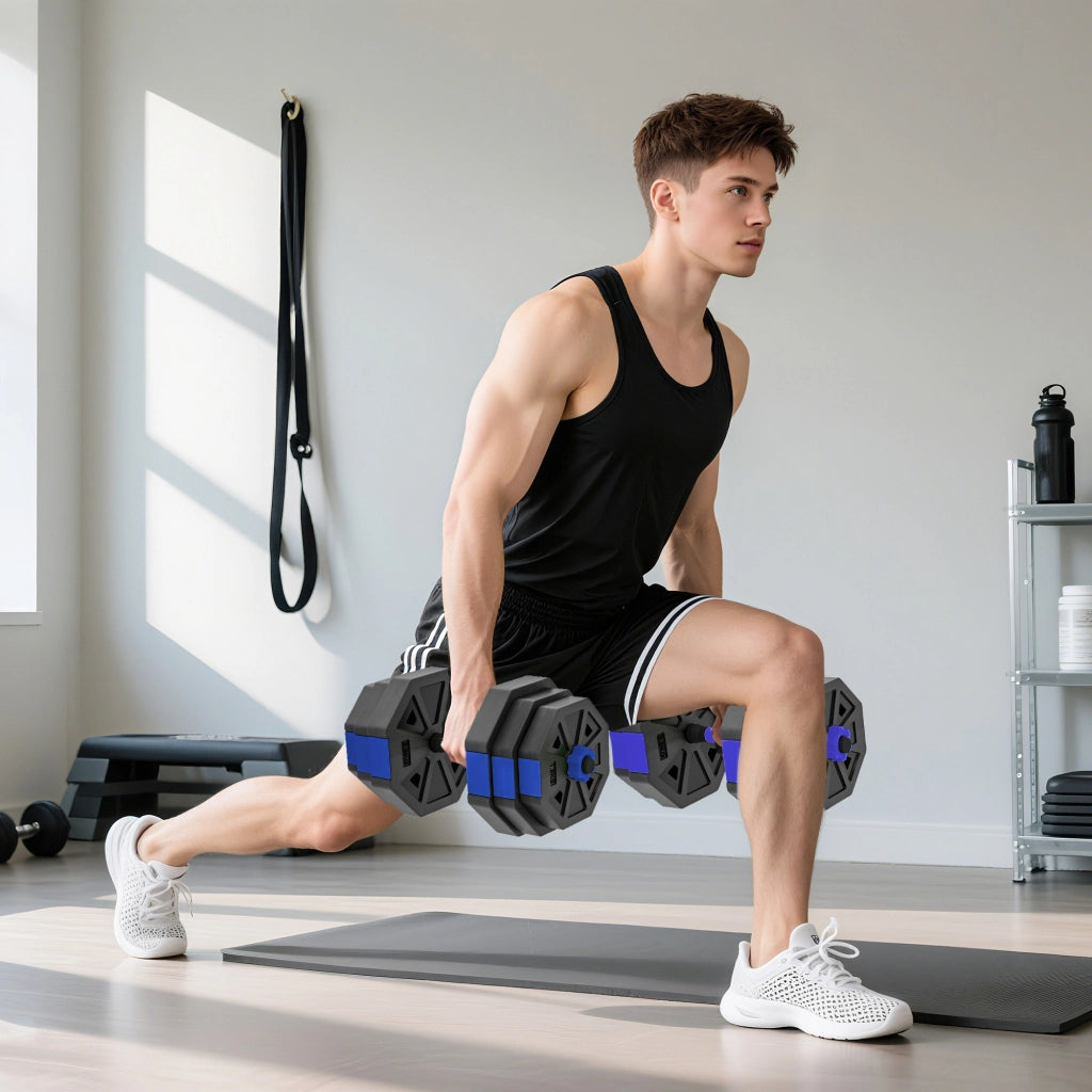 Set Pesi da Palestra 6 in 1 Utilizzabile come Kettlebell Manubri Bilanciere Supporto in Plastica e Sabbia Blu