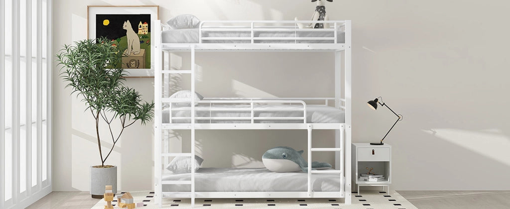 DESMIU Letto a castello 90 × 200 cm 3 posti con scala e sponde, senza materasso, in metallo, bianco