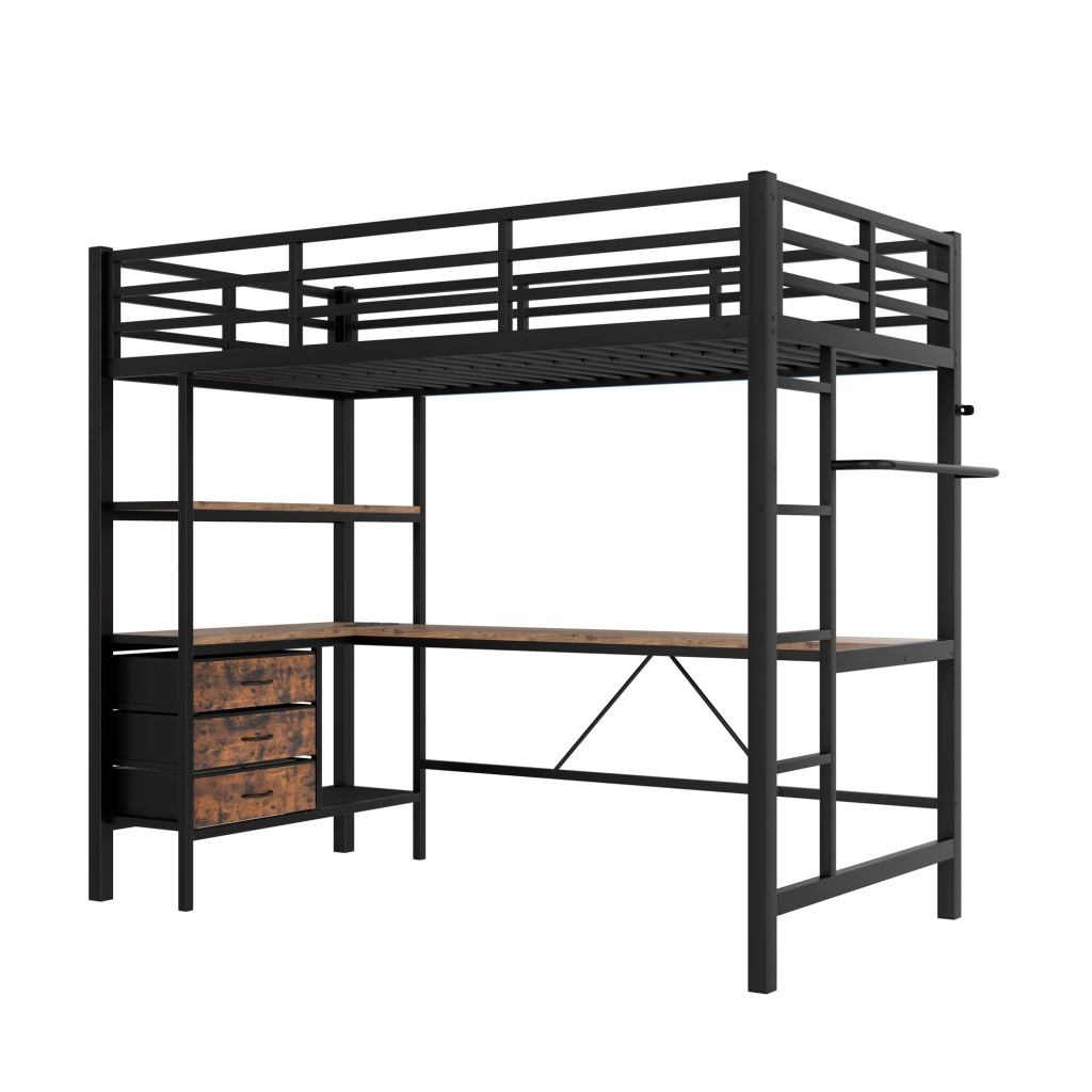 Letto a Soppalco con LED; Scrivania; 3 Cassetti e Ripiani; 90 x 200 cm; senza Materasso; Nero