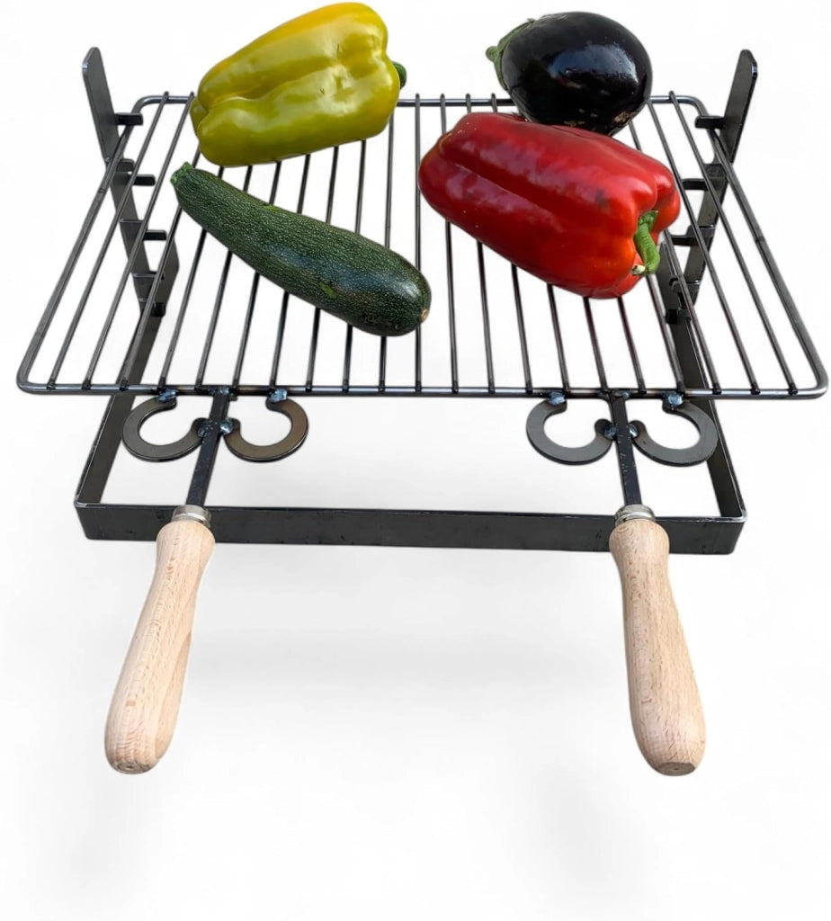 Griglia in ferro regolabile su più altezze, bistecchiera con manici in legno, per barbecue e camino per carne pesce verdure 50x36cm