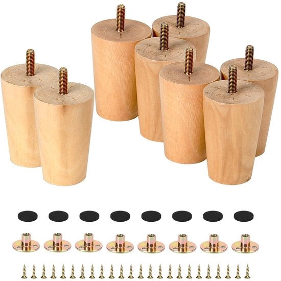 Set di sosteggi per mobili in legno massello 8 cm - Sosteggi per cassetti in legno - Sostituti per sosteggi di divano - Set di 8 pezzi - Inclusi 24 viti e piastre di montaggio - Facili da pulire - Sosteggi per tavolo