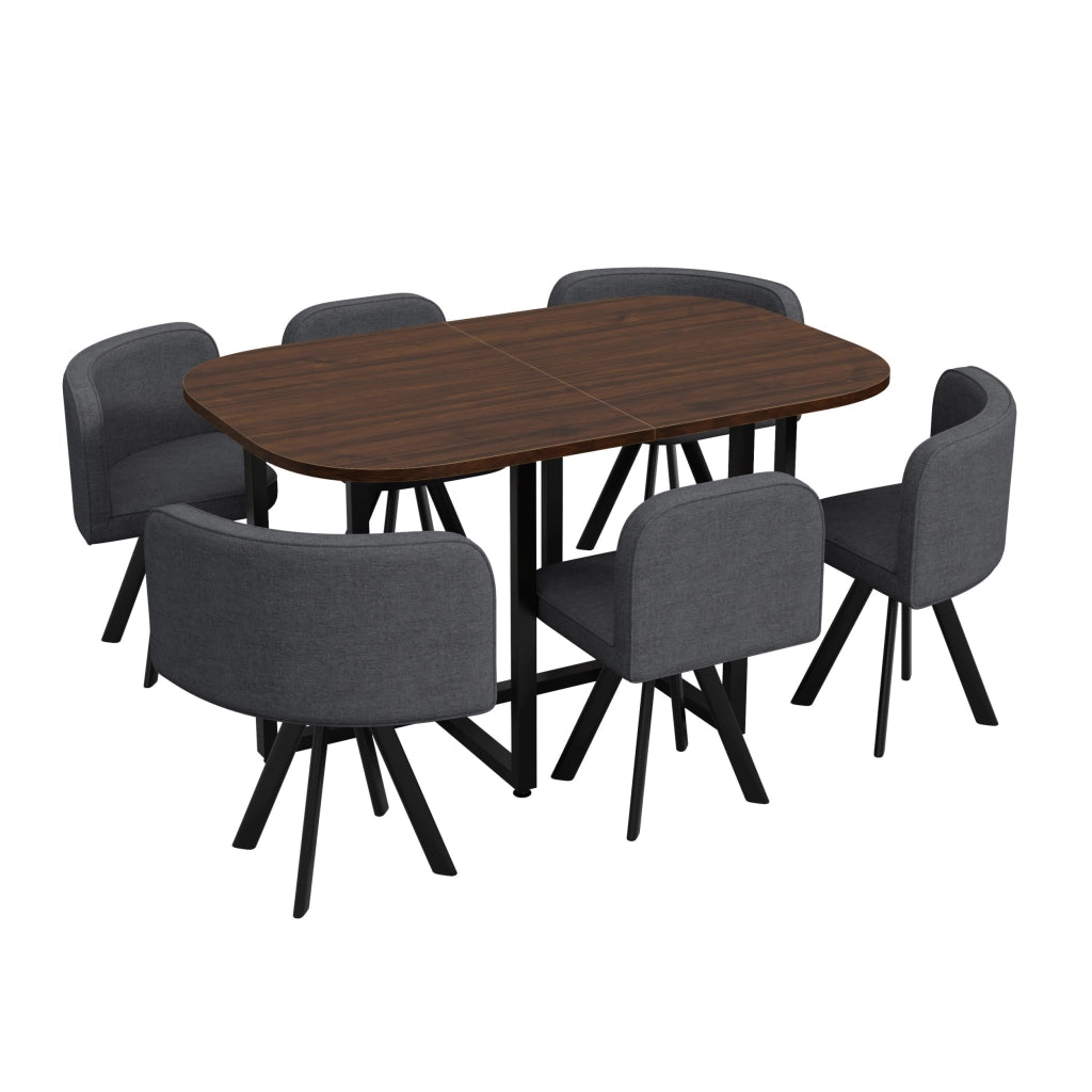 Set da pranzo con finitura effetto legno, composto da 6 sedie in tessuto di lino e un tavolo da pranzo (140 x 90 cm), grigio e noce