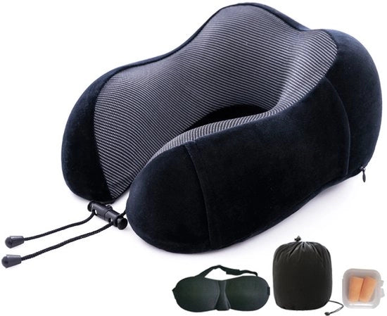 Cuscino di Supporto per Viaggio, con Memoria di Forma, per Comfort e Sostegno Cervicale, Cefalico e Toracico, per Auto, Aereo, Treno, Ufficio - Nero