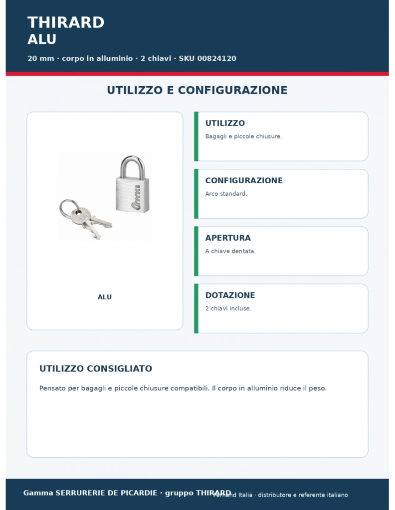 Lucchetto in alluminio 20 mm, arco in acciaio nichelato, 2 chiavi – Serrurerie de Picardie