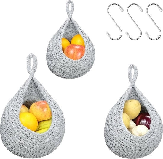 Mangiafrutta appeso - cassa da parete, cassa da appendere, 3 pezzi con 3 ganci, cesta intrecciata per la conservazione, cesta appesa, per la decorazione della cucina, soggiorno, bagno, cesta da appendere (blu)