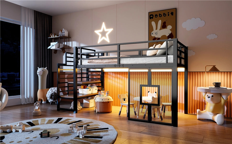 Letto a soppalco singolo 90 × 200 cm con scala contenitore, luci LED e finestre, senza materasso, nero