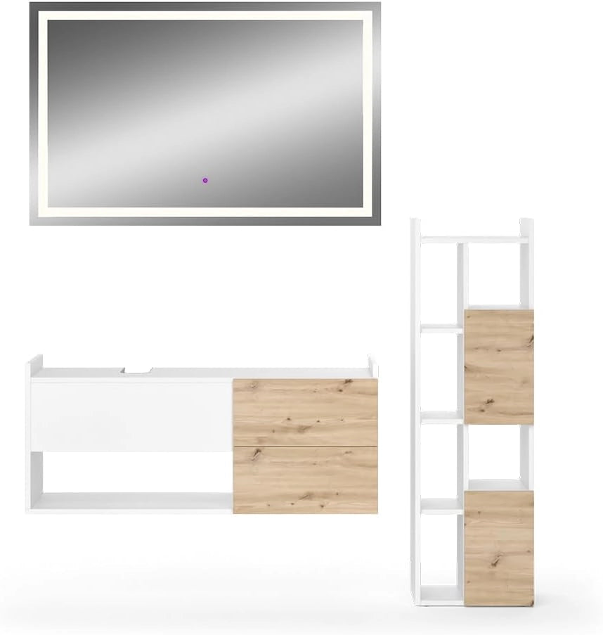 Set di mobili da bagno Alf, Bianco, 105 cm, composto da mobile sottolavabo, specchiera e colonna alta