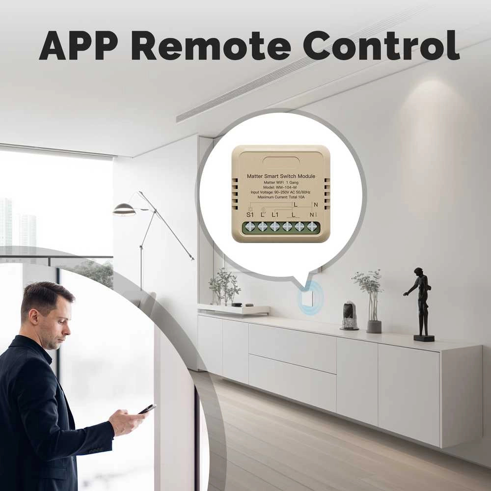 Relè Passo Passo Mini Interruttore Matter WiFi 2.4G, 10A TUYA, Compatibile Apple Home, Google Home, Alexa, SmartThings, 2200W, AC 90-250V 50/60Hz, 40x40x18mm, IP20