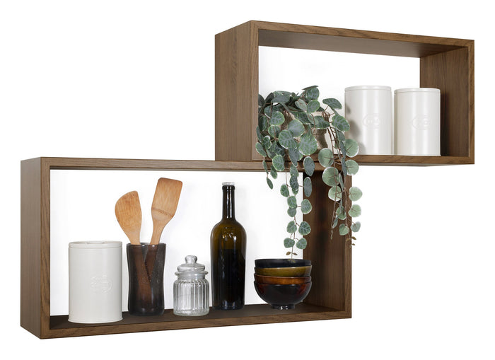 Set 2 Mensole Cubo da Parete Rettangolare in Fibra di Legno Bislungo Rovere Tabacco