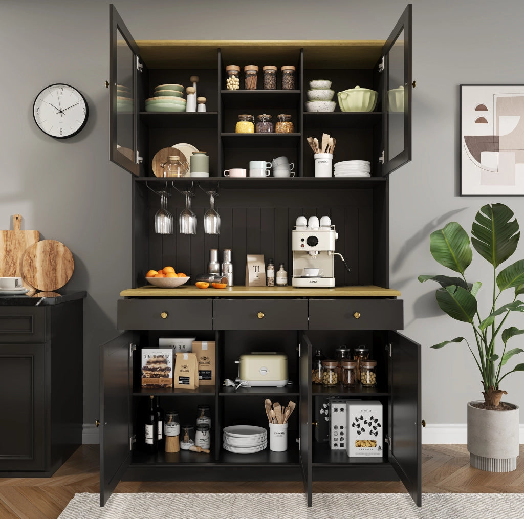 Mobile alto da cucina con vetrine, portabicchieri e prese integrate nero