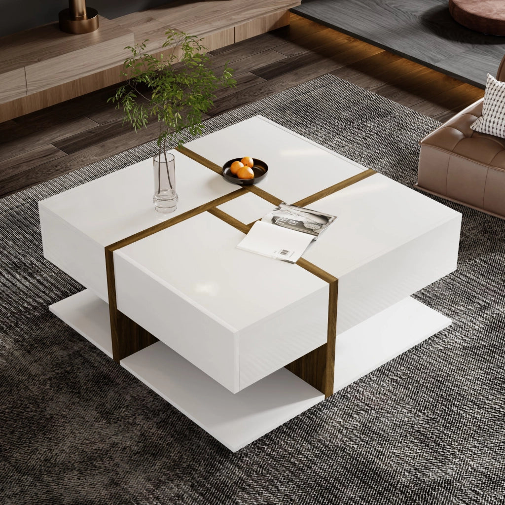 Tavolino da Caffè Quadrato con 4 Cassetti e Ripiano; Motivo a Linee; Finitura Lucida; in Pannello Truciolare; Bianco; 78×78×34;8 cm
