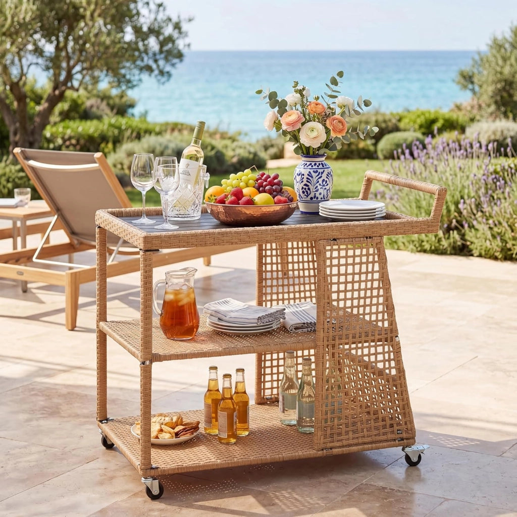 Carrello Bar in Rattan, Carrello Portavivande con 3 Ripiani Aperti e 4 Ruote, Maniglia Ergonomica, Moderno Carrellino Servizio Esterno Interno per Giardino, Terrazzo, Cucina, 98 X 54 X 92 CM