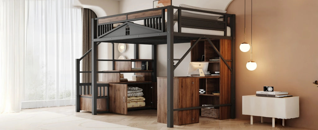 DESMIU Letto a soppalco matrimoniale con scala contenitore, armadietto e finestra 140 × 200 cm, senza materasso