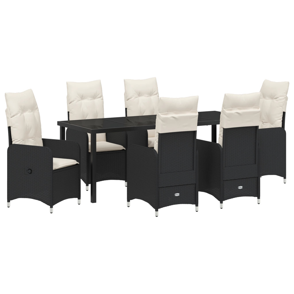 Set da Pranzo da Giardino 7 Pezzi con Cuscini in Polyrattan Nero
