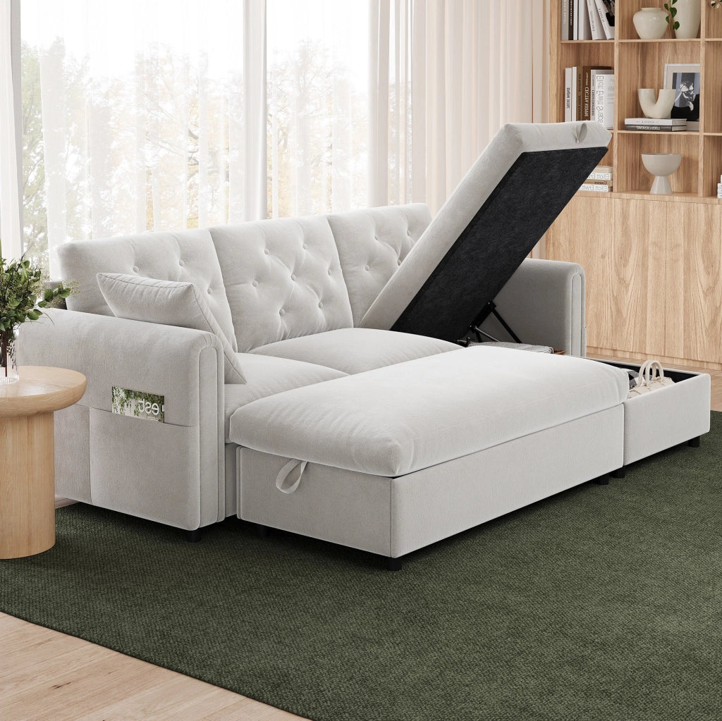 Divano con chaise longue e pouf contenitore; 219 x 131 x 86 cm; beige