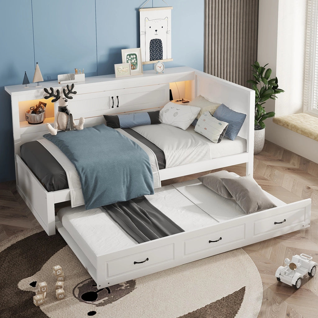 Divano letto estraibile 90x200 cm con LED; prese e USB; contenitore laterale; bianco
