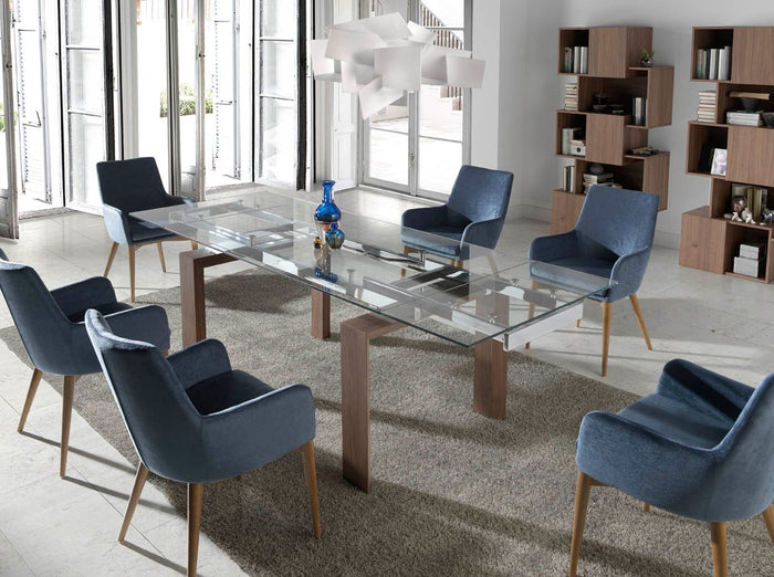 Tavolo da pranzo allungabile rettangolare vetro temperato e noce