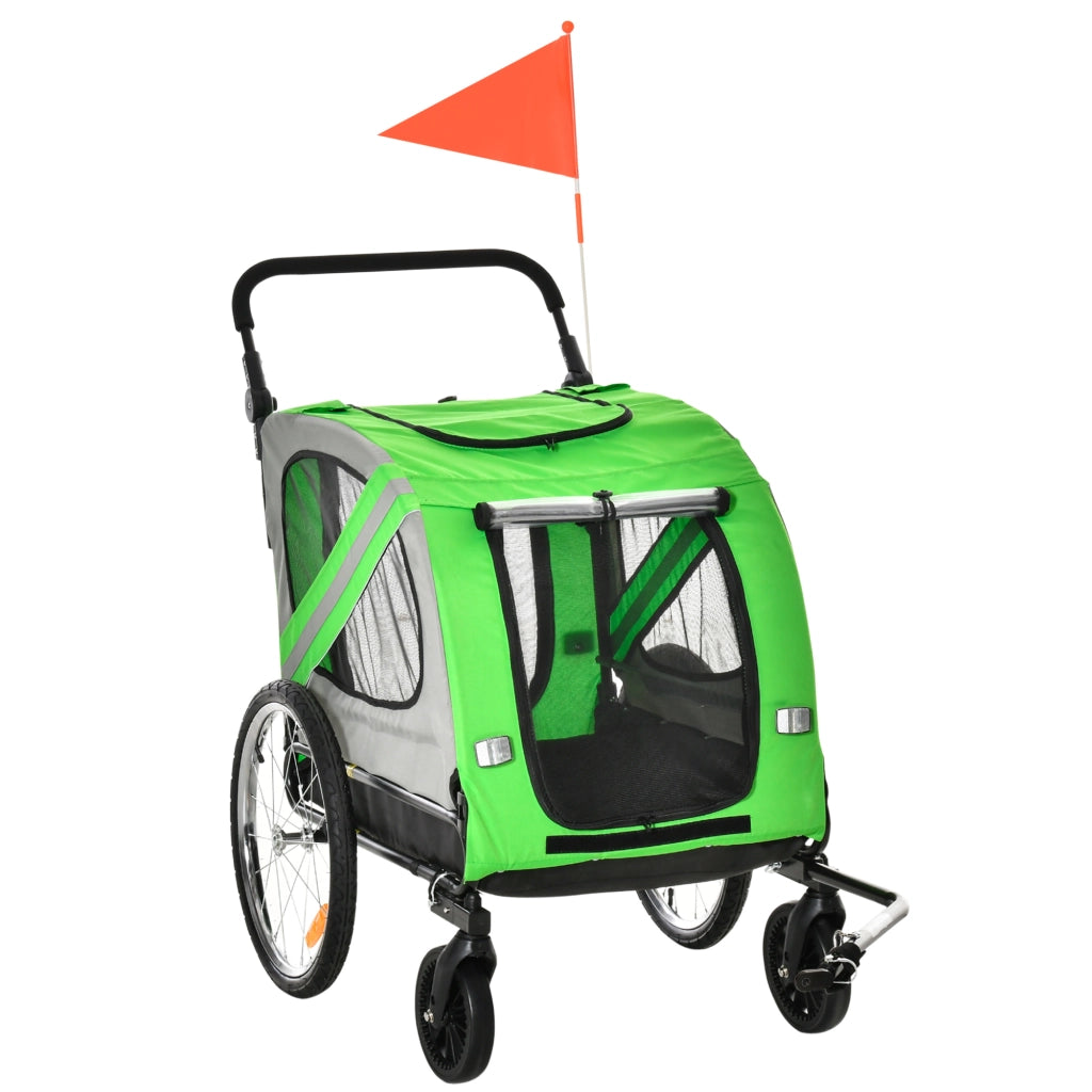 Rimorchio Bici e Passeggino per Cani 2 in 1, Carrello Bici in Acciaio e Tessuto Oxford con Catarifrangenti e Bandierina, Verde